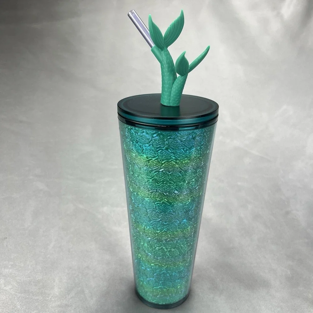 Starbucks Siren Mermaid 24 oz Cold Cup Iridescent Teal Tail Straw Top Tumbler